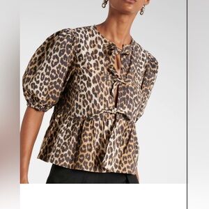 Leopard Print Puff Sleeve Tie Front Top